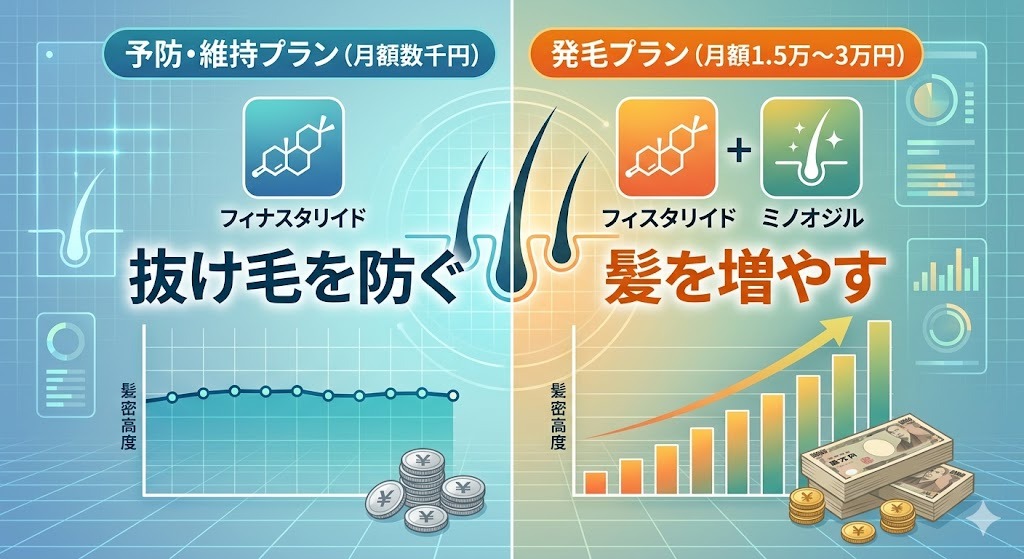 AGA治療の費用相場:予防プラン(現状維持)と発毛プランの月額料金と薬の違い比較図