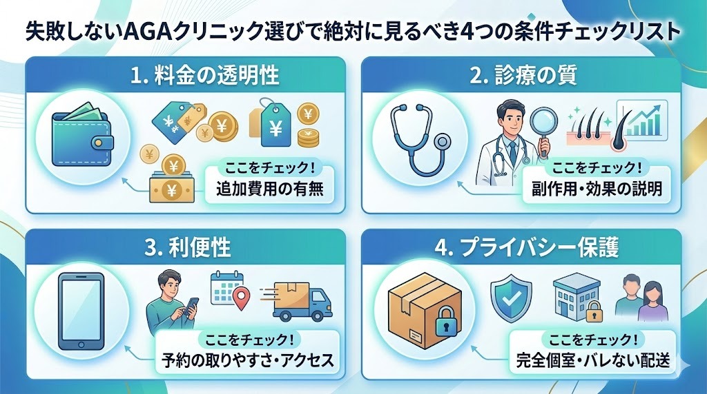 失敗しないAGAクリニック選びで絶対に見るべき4つの条件(料金・診察・利便性・プライバシー)チェックリスト