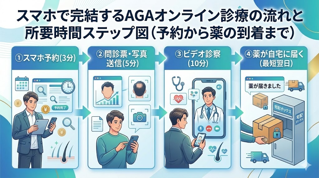 スマホで完結するAGAオンライン診療の流れと所要時間ステップ図(予約から薬の到着まで)