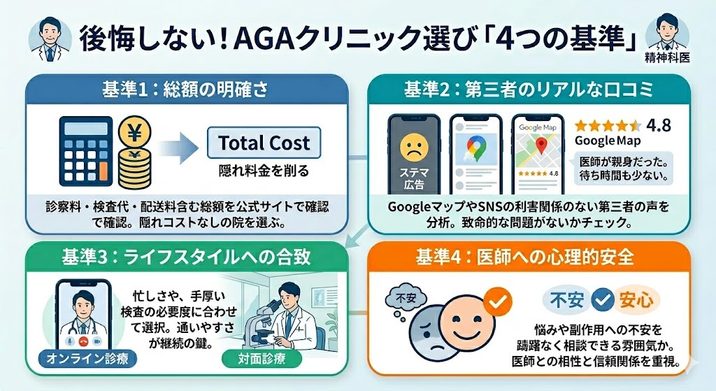 AGAクリニック選びで後悔しないための4つの基準（総額の明確さ、第三者のリアルな口コミ、ライフスタイルへの合致、医師への心理的安全性）を示す図解