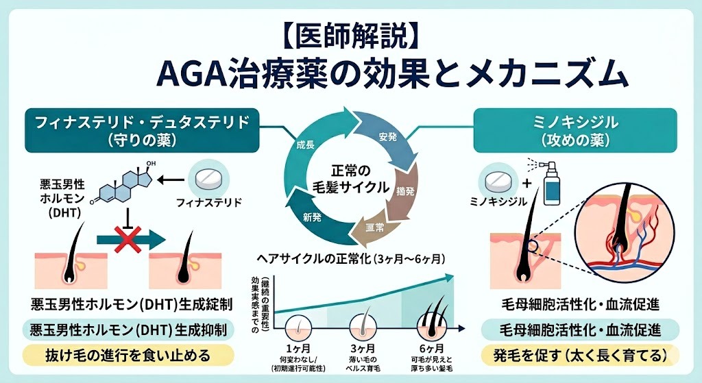 医師が解説するAGA治療薬のメカニズム図解。フィナステリド等の守りの薬によるDHT生成抑制と、ミノキシジル等の攻めの薬による発毛促進、およびヘアサイクルが正常化するまでの期間を示す図