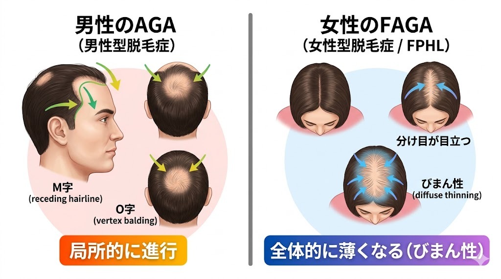 男性のAGAと女性のFAGA（びまん性脱毛症）の進行パターンの違い