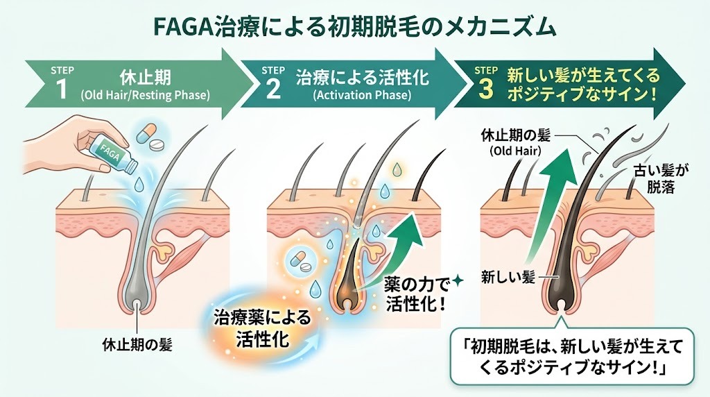 FAGA治療で初期脱毛が起こるヘアサイクルのメカニズム図解