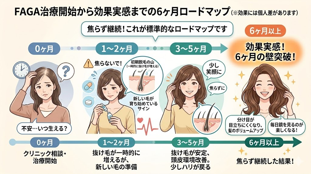 女性の薄毛（FAGA）治療開始から効果実感までの6ヶ月タイムラインとヘアサイクル図解