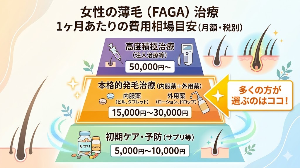 女性の薄毛（FAGA）治療の段階別1ヶ月あたりの費用相場目安