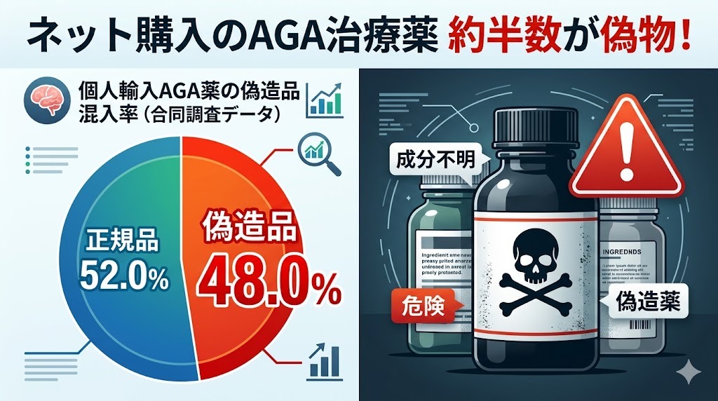 個人輸入代行サイトで入手したAGA治療薬の偽造品混入率（48.0%）を示すグラフ