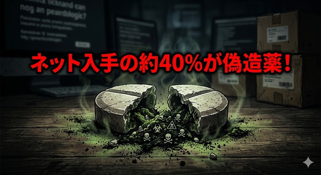 半分に割れた錠剤から怪しい毒性のある粉と、ドクロやバイオハザードマークがこぼれ出ている、ダークで危険な雰囲気のイラスト。赤字で「ネット入手の約40%が偽造薬！」のテロップ。