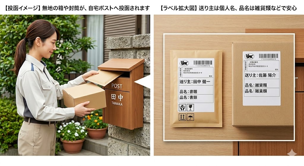 自宅のポストに無地の茶封筒と小さな段ボールが投函される様子と、送り主が個人名（例：佐藤 陽介）、品名が雑貨類と記載された配送ラベルの拡大図。