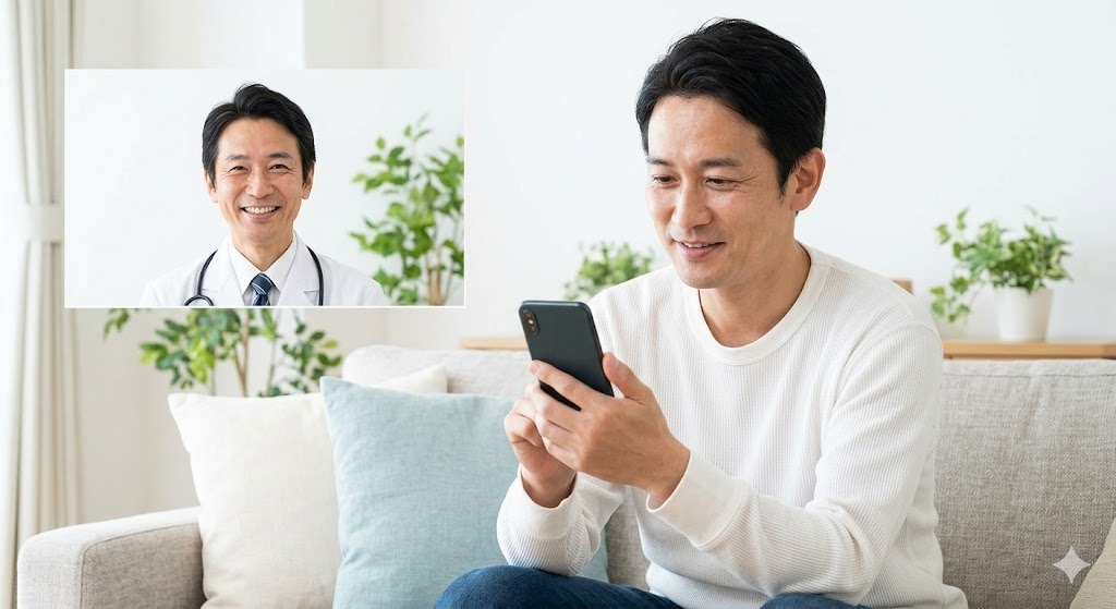 自宅のリビングからスマートフォンを使って、医師のオンライン診療をリラックスして受けている男性のイメージ