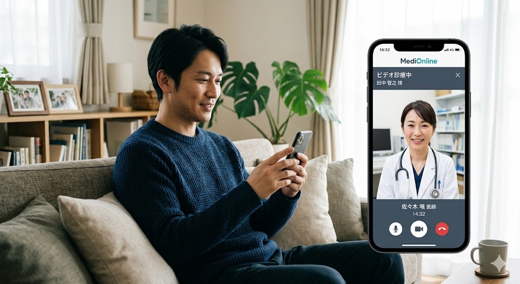 自宅のソファでリラックスしてスマートフォンを使い、女性医師とオンライン診療を受けている男性のイメージ画像