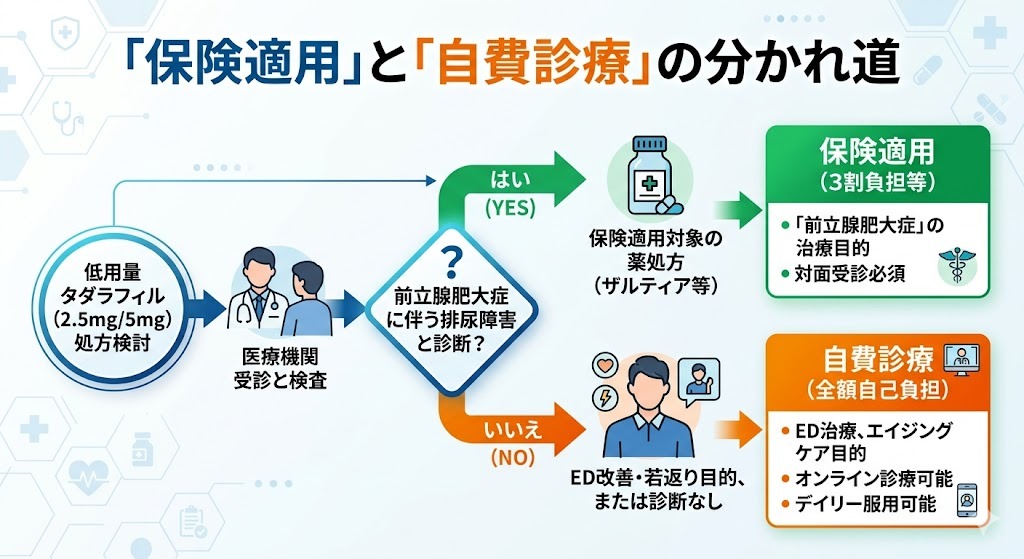 低用量タダラフィル処方の保険適用と自費診療の条件分岐を示すフローチャート図解。前立腺肥大症の診断によるルートの違い、ザルティアとデイリー服用の選択肢を分かりやすく解説。