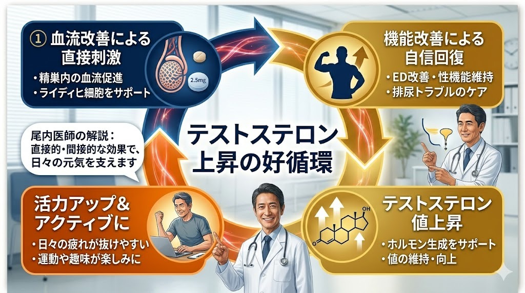 低用量タダラフィルによるテストステロン上昇の好循環を示すサイクル図。血流改善による精巣への直接刺激、機能改善による自信回復、テストステロン値上昇、活力アップ＆アクティブという4つのステップが連鎖するメカニズムを、尾内医師（精神科専門医）の解説とともに図解。