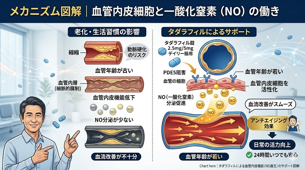 低用量タダラフィルによるアンチエイジングメカニズムの図解。老化・生活習慣で硬くなり、NO分泌が減少して血流が不十分な血管と、タダラフィル錠2.5mg/5mgデイリー服用により血管内皮細胞が活性化、NO分泌が促進され、血管が拡張して血流改善がスムーズになり、日常の活力が向上する様子を比較解説。