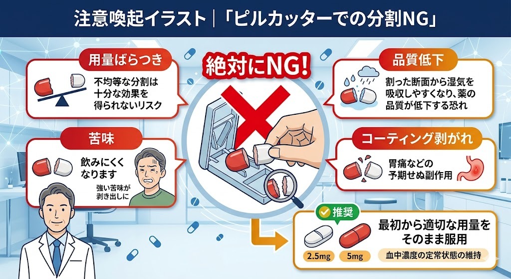 低用量タダラフィル20mgなどの強い錠剤をピルカッターで分割するリスクを示す注意喚起イラスト。用量のばらつき、湿気による品質低下、苦味の露出、コーティング剥がれによる胃痛などのデメリットと、最初から適切な用量(2.5mg/5mg)を服用する推奨例を比較解説。