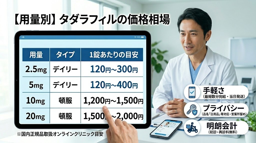タダラフィル2.5mg・5mg・10mg・20mgの価格相場表
