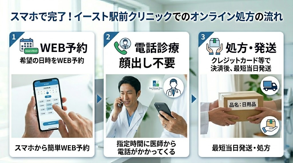 スマホで完結するイースト駅前クリニックのオンライン処方手順