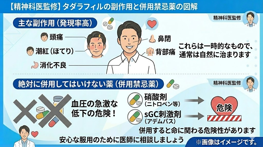 【精神科医監修】タダラフィルの主な副作用と絶対に併用してはいけない薬（併用禁忌薬）の図解。頭痛、ほてりなどの副作用と、硝酸剤、sGC刺激剤などの併用禁忌薬を一覧表示。