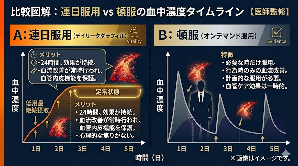 タダラフィル（シアリス）の連日服用（デイリータダラフィル）と頓服（オンデマンド服用）の血中濃度タイムライン比較図解。連日服用の安定した血中濃度と24時間持続効果、血管保護、頓服の血中濃度の急激な上昇と下降、行為時のみの効果を、グラフとアイコンで比較。