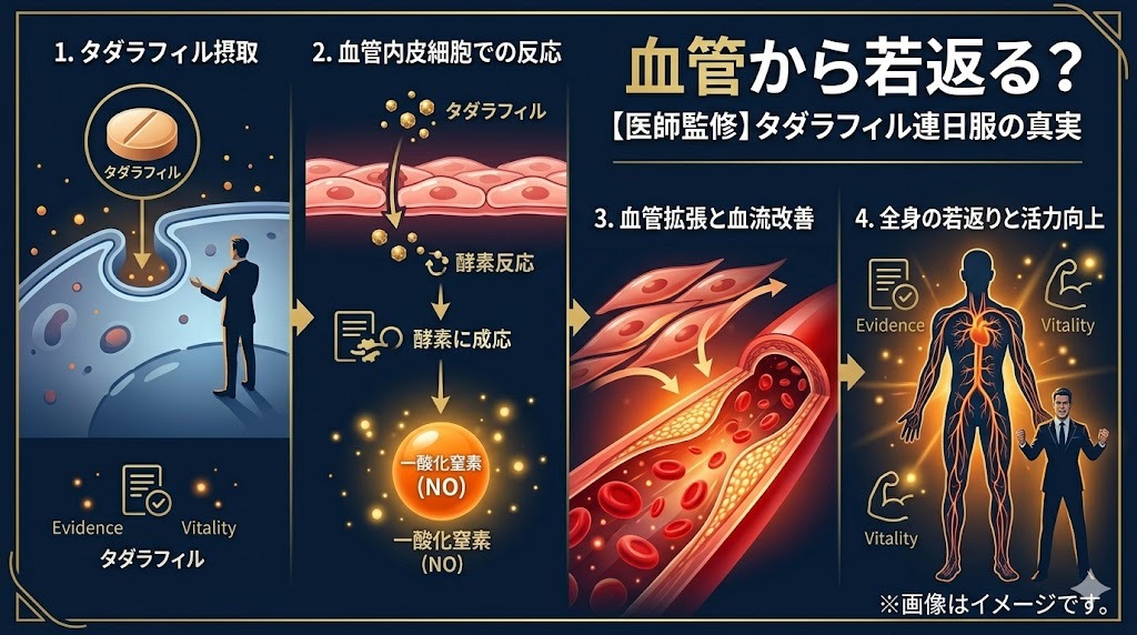 タダラフィル（シアリス）連日服用による血管内皮保護メカニズムの4段階インフォグラフィック。摂取から酵素反応、NO（一酸化窒素）産生、血管拡張、全身の血流改善、活力向上までのプロセスを、図解とアイコンで詳細に解説。