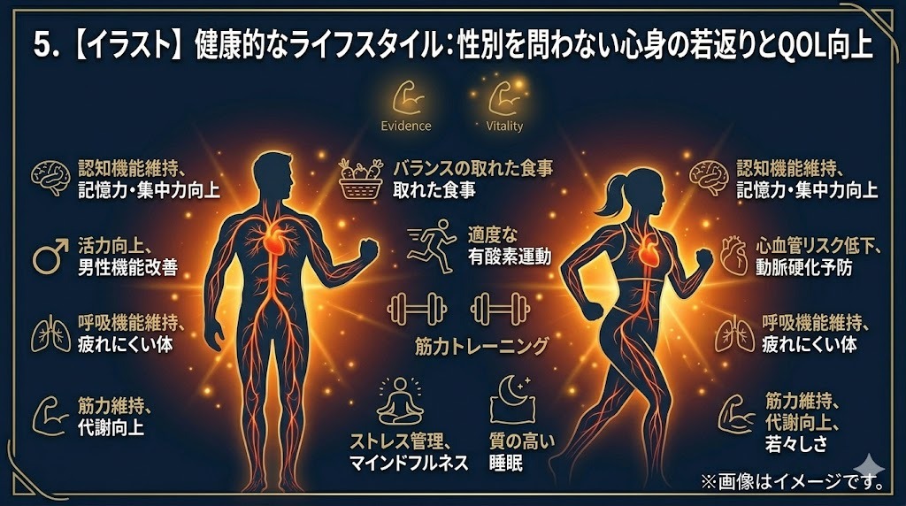 健康的なライフスタイルを象徴するイラスト。タダラフィル連日服用による血管老化の抑制と若返りをベースに、男性と女性が、食事、運動、睡眠、精神的安定、男性機能改善など、心身両面で若々しく、活力を取り戻し、QOL（生活の質）を向上させる様子を、インフォグラフィックとアイコンで詳細に表現。