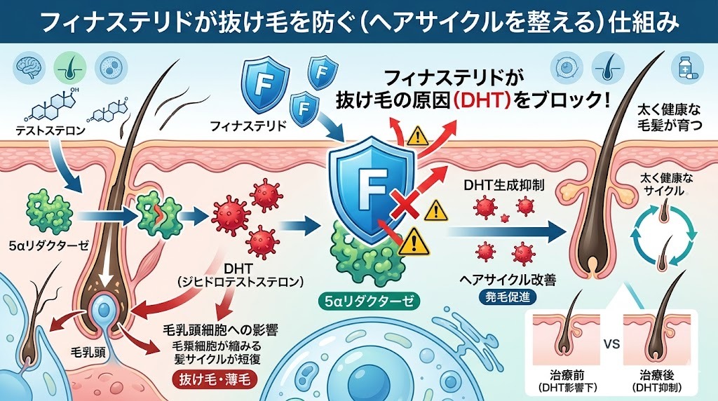 フィナステリドが5αリダクターゼを阻害し、DHTによる抜け毛を防ぐ仕組みの図解