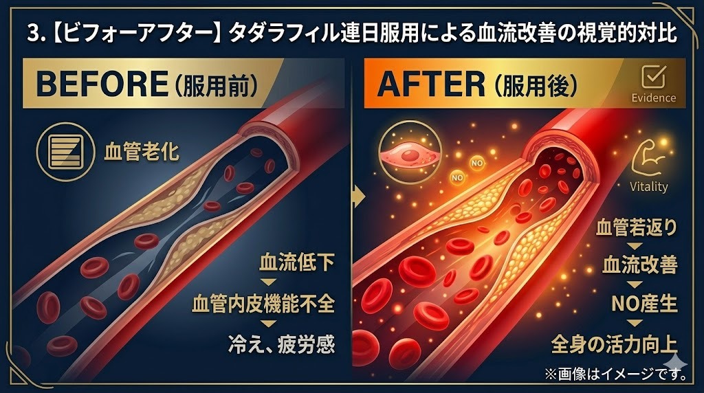 タダラフィル（シアリス）連日服用による血流改善のビフォーアフター視覚的対比図解。服用前の狭い血管と血流低下、冷え、疲労感、服用後の広がった血管とNO（一酸化窒素）産生、血管若返り、全身の活力向上の様子を、断面図とアイコンで対比。