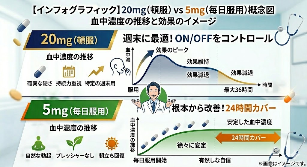 タダラフィル20mg（頓服）と5mg（毎日服用）の血中濃度の推移と効果の現れ方の概念図。20mgは行為前に急上昇し最大36時間持続、5mgは毎日服用で数日で血中濃度が安定し24時間カバー。