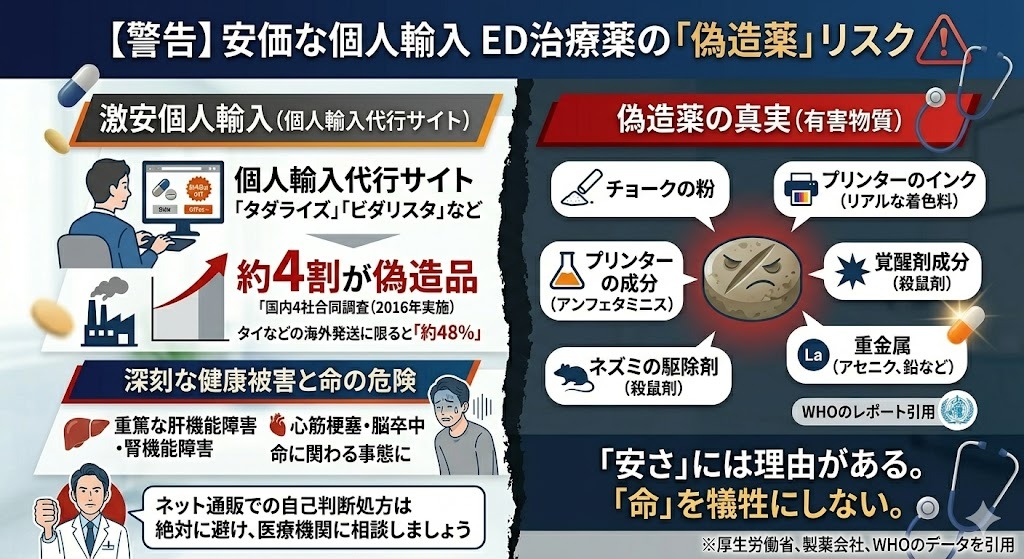 個人輸入によるED治療薬の偽造薬リスク警告インフォグラフィック。国内調査で約4割が偽造品、健康被害や命の危険を強調。チョーク、プリンターインク、覚醒剤成分、殺鼠剤などの有害物質の混入を警告。
