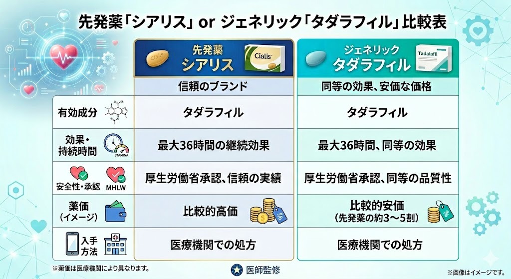 先発薬「シアリス」とジェネリック「タダラフィル」の比較表。有効成分、効果・持続時間、安全性・承認、薬価、入手方法を比較し、ジェネリックが同等の効果で安価であることを示す。