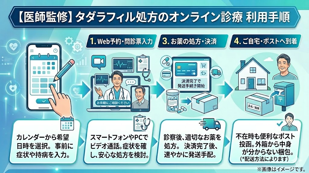 【医師監修】タダラフィル処方のオンライン診療 利用手順。Web予約・問診票入力、医師によるオンライン診察（安心な処方を検討）、お薬の処方・決済、ご自宅・ポストへ到着の4ステップを示すフローチャート。