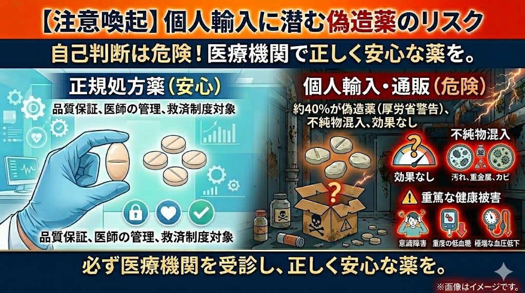 【注意喚起】個人輸入に潜む偽造ED治療薬のリスク。正規処方薬（安心）と個人輸入・通販（危険）を対比し、偽造薬の健康被害リスク（効果なし、不純物混入、重篤な健康被害）を警告。