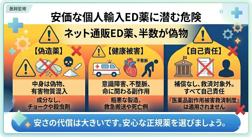 「安価な個人輸入ED薬に潜む危険」を示す警告インフォグラフィック。ネット通販ED薬の半数が偽物で、偽造薬、健康被害、自己責任のリスクがあることを図解。