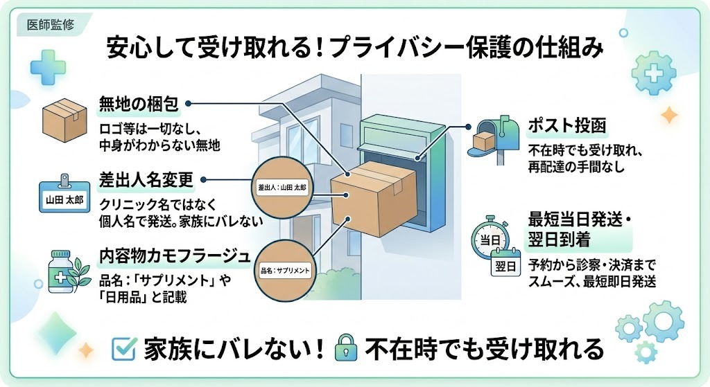 「安心して受け取れる！プライバシー保護の仕組み」を示すインフォグラフィック。無地の梱包、差出人名変更、内容物カモフラージュ、ポスト投函など、家族にバレない工夫を図解。