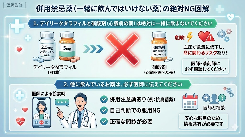 「併用禁忌薬（一緒に飲んではいけない薬）の絶対NG図解」のインフォグラフィック。デイリータダラフィルと硝酸剤（心臓病の薬）は絶対に一緒に飲まないこと、他に飲んでいる薬は必ず医師に伝えることを図解。