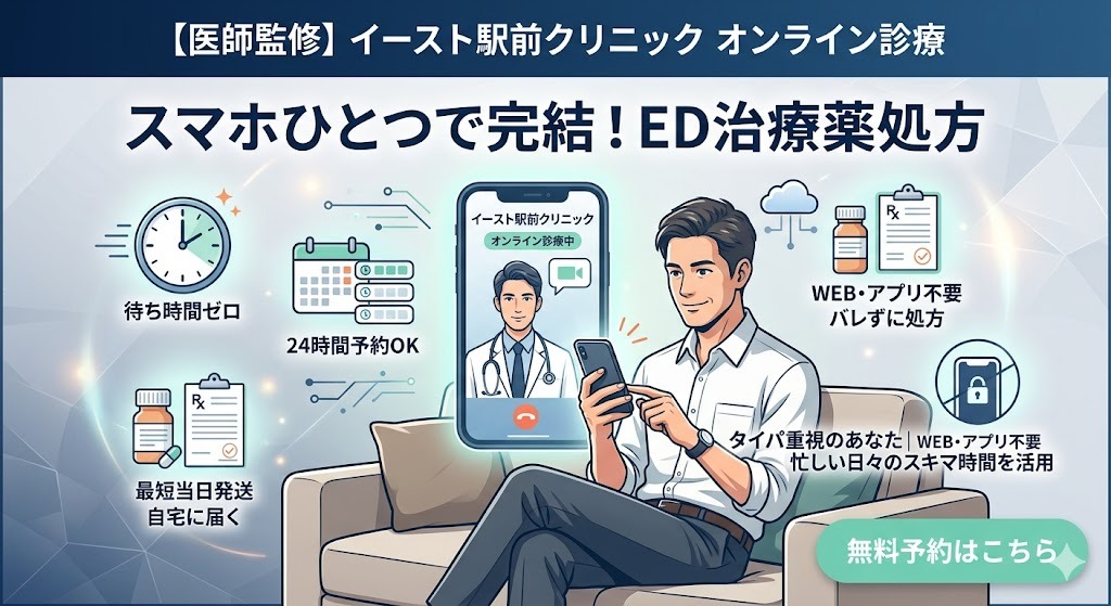 【医師監修】イースト駅前クリニックのオンライン診療の利便性イメージ図。スマホで24時間予約、待ち時間ゼロ、自宅へのお薬発送、プライバシー配慮を強調。
