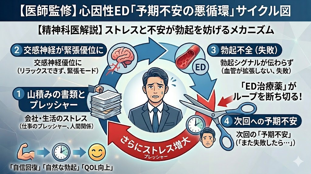 心因性EDの「予期不安の悪循環」サイクル図。ストレス→交感神経緊張→勃起失敗→次の失敗への予期不安という負のループと、ED治療薬がループを断ち切る仕組みを図解。