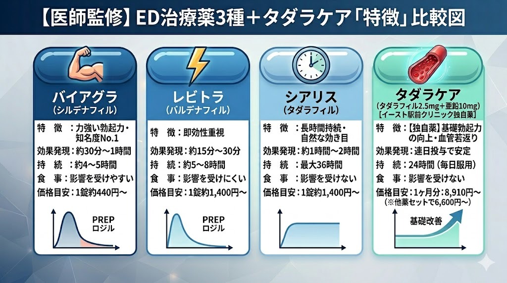 主要ED治療薬3種（バイアグラ、レビトラ、シアリス）と独自薬「タダラケア」の特徴・効果・費用の比較イラスト。力強さ、即効性、持続力、基礎勃起力向上をアイコンで表現。