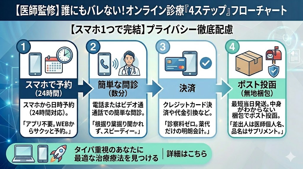 【医師監修】バレない！オンライン診療の「4ステップ」フローチャート。スマホ予約（24時間）→簡単な問診→決済→ポスト投函（無地梱包）の流れを解説。