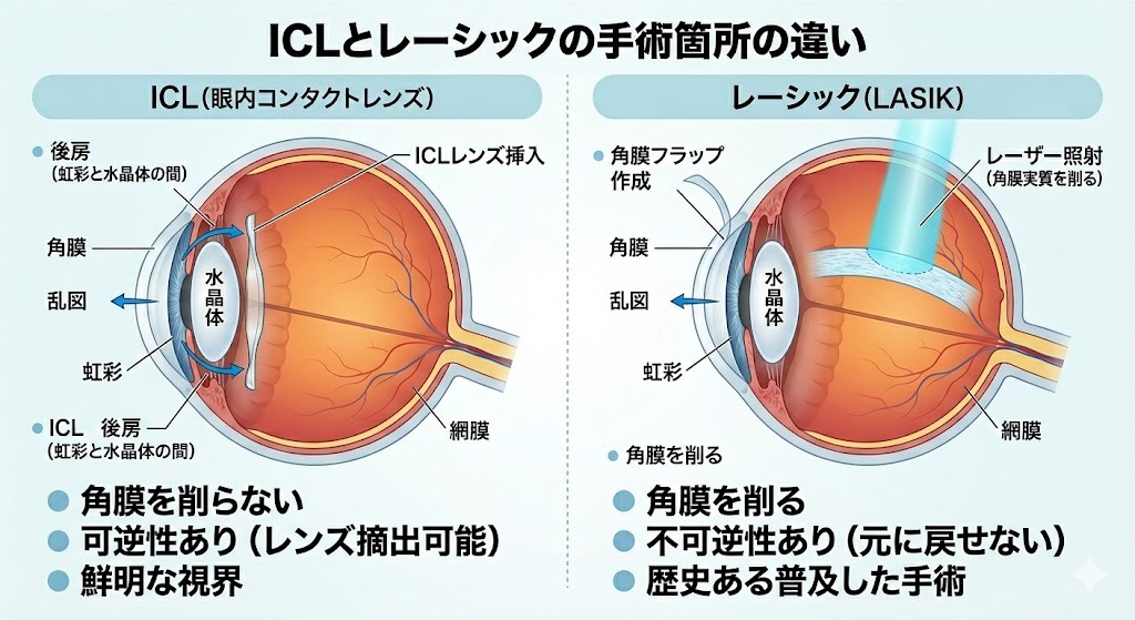 ICLとレーシックの手術箇所の違いを図解した眼球断面図。左側がICL（後房へのレンズ挿入）、右側がレーシック（角膜フラップ作成とレーザー照射）。