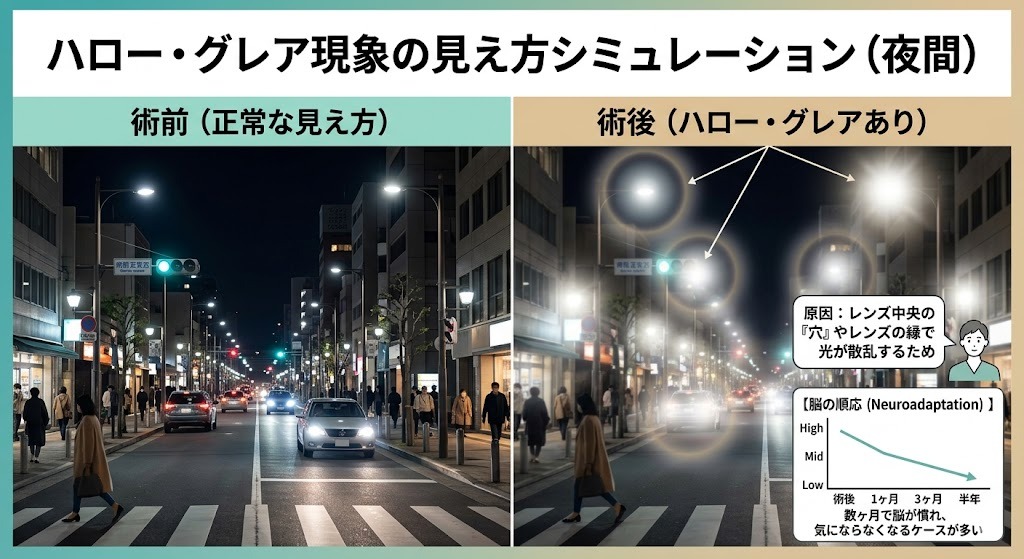 夜間の道路風景を術前（正常な見え方）と術後（ハロー・グレア現象あり）で比較するシミュレーション画像。