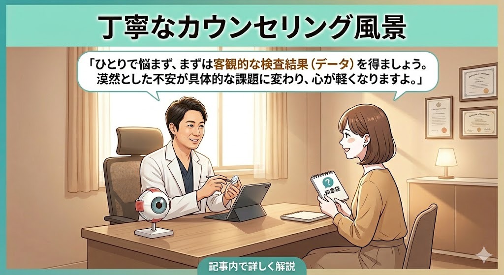 清潔なクリニックでのICL手術前の丁寧なカウンセリング風景。医師がタブレットと眼球模型で患者に説明している。