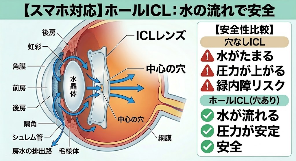 ホールICL（穴あきレンズ）装着時の房水（目の中の水）の流れを示す図解。中央の穴が通り道となり眼圧上昇リスクを低減。