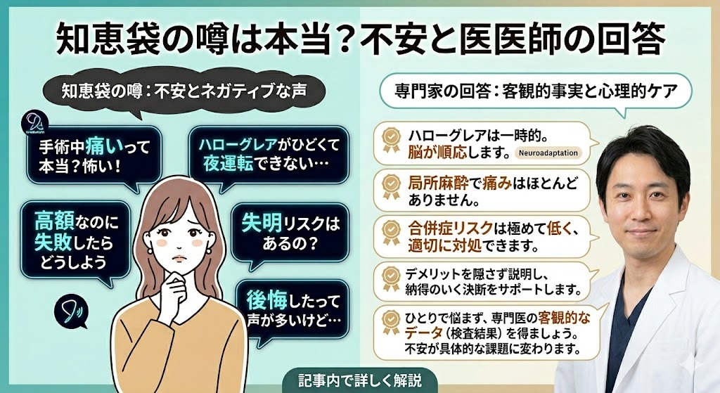 ICL手術の知恵袋の不安な噂（痛み、失明、後悔）と、それに対する医師の客観的な回答を対比したイラスト。