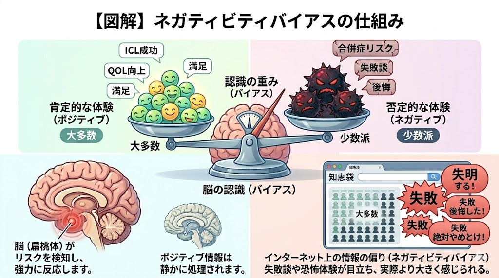 ネガティビティバイアスのイメージ図。大多数の成功して満足している声よりも、知恵袋などで叫ばれるごく少数の「失明する！後悔した！」というネガティブな声ばかりが目立って見えてしまう心理的傾向。